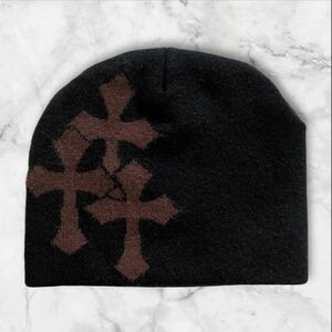 Black Beanie with Brown Graphic Cross Motif Cozy